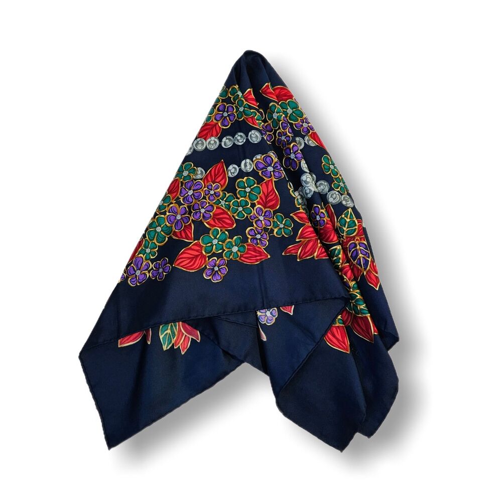 Chanel (Authentic) Multicolor Jewel Floral Print Large Silk Scarf w/ Tag VGUC - Picture 6 of 8
